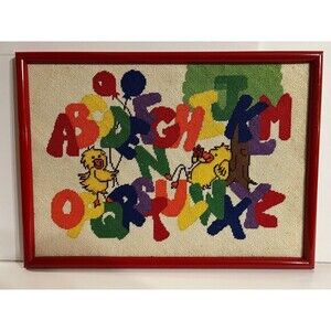Framed Needlepoint Alphabet Ducks Canvas Tapestry Nursery Unisex Colorful READ